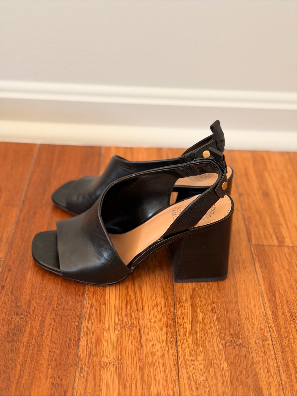 Vince Camuto Black Leather Open-Toe Slingback Wedges - Picture 2 of 3
